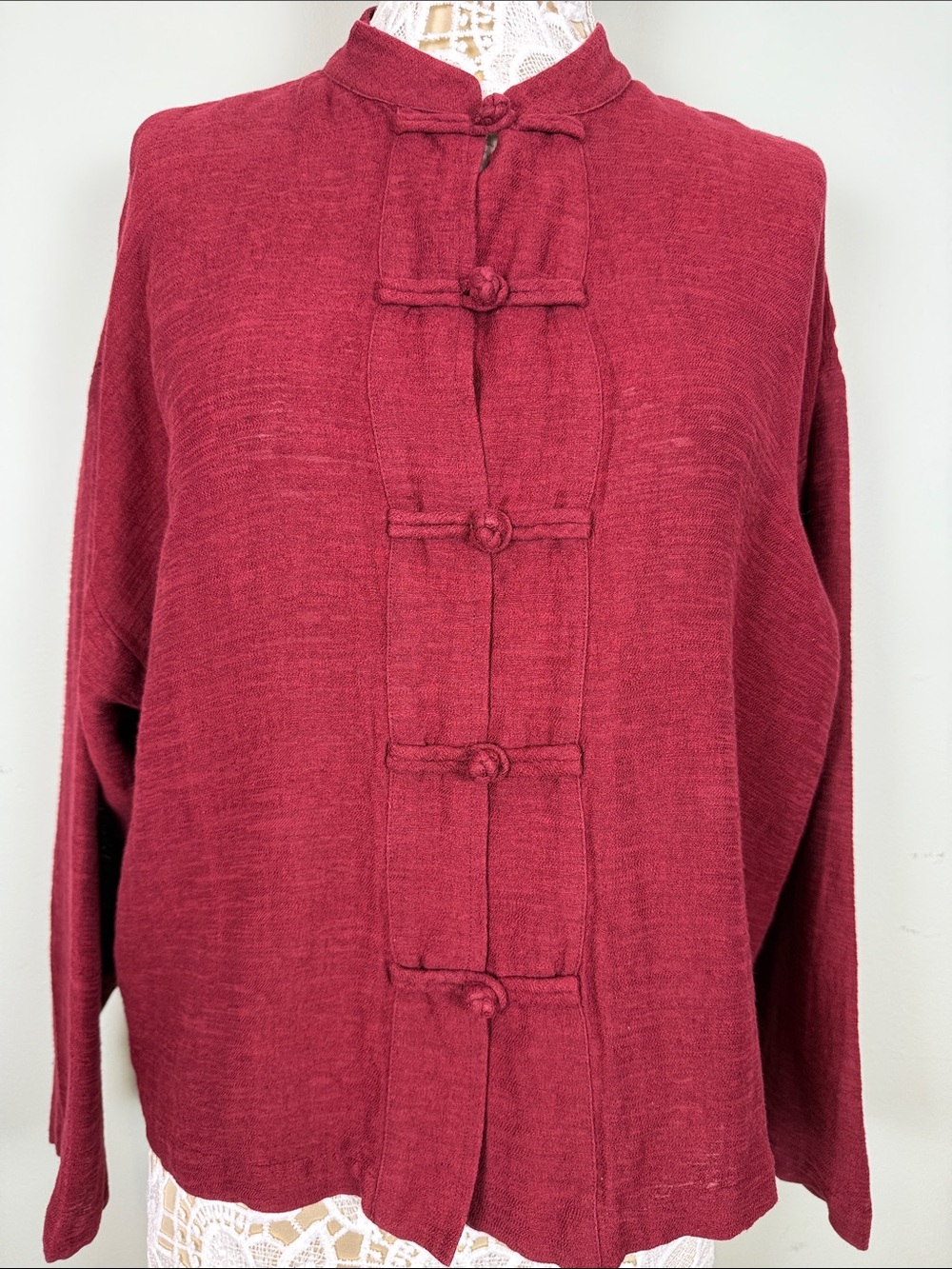 Eileen Fisher Red Linen Cotton Blend Mandarin Collar Frog Closure Jacket Shirt M - Picture 7 of 10